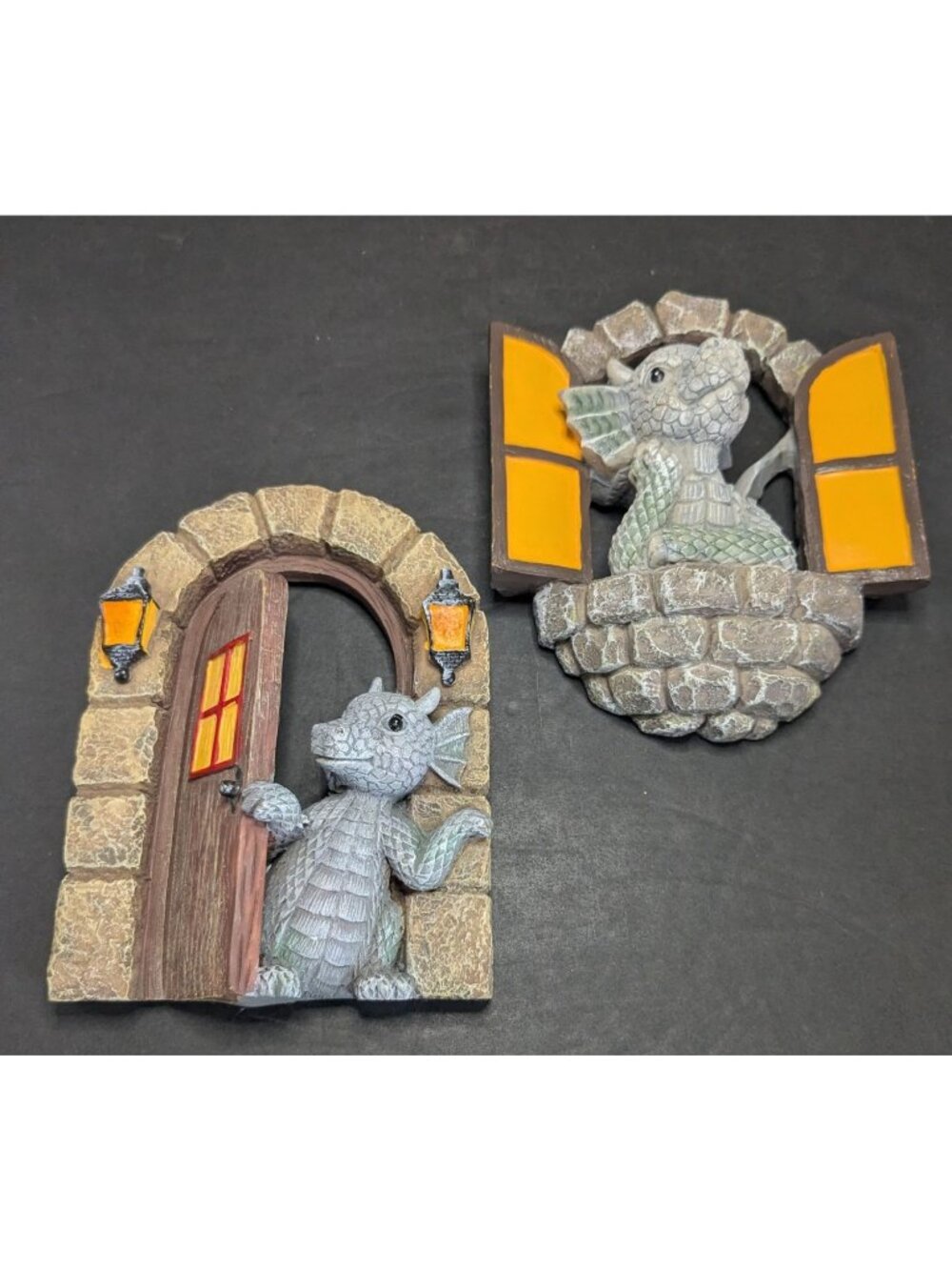 Set Of 2 Resin Dragon Garden Ornaments Fairy Door & Window Yard Decor Hanging